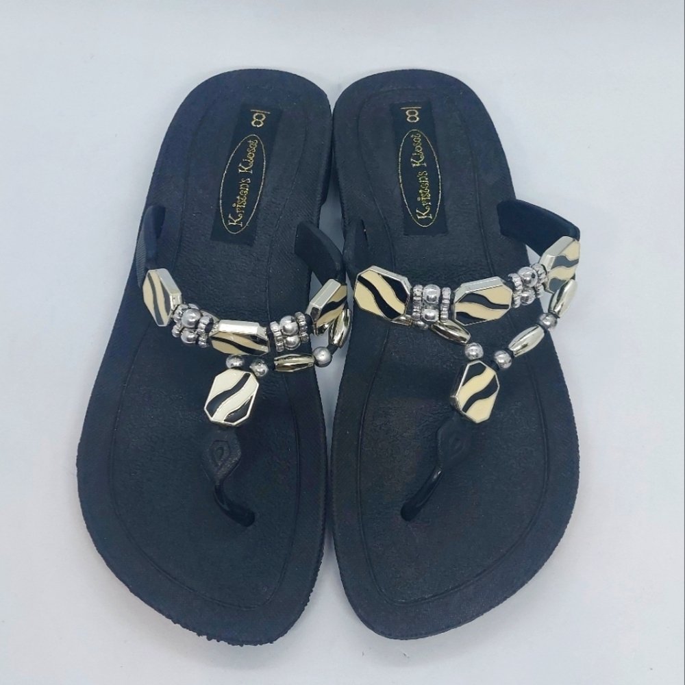 Kristen's Kloset Sandals Beach Pool Thong Jeweled Flip Flops Black Size 8